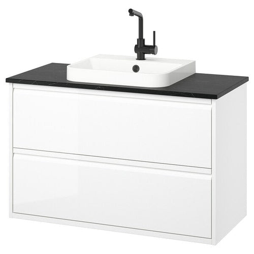 ÄNGSJÖN / BACKSJÖN - Washbasin/drawer unit/misc, glossy white/black marble effect,102x49x71 cm