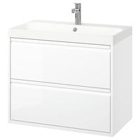 ÄNGSJÖN / BACKSJÖN wash-stnd w drawers/wash-basin/tap, high-gloss white, 80x48x69 cm