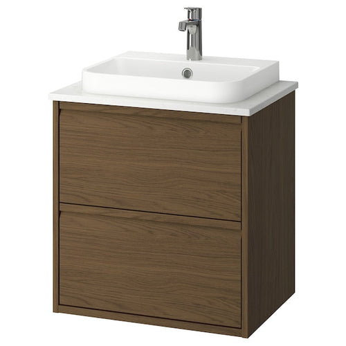 ÄNGSJÖN / BACKSJÖN - Washbasin/drawer unit/misc, oak-effect brown/marble-effect white,62x49x71 cm