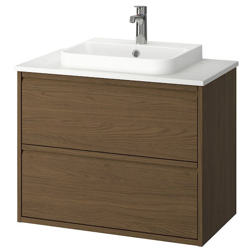 ÄNGSJÖN / BACKSJÖN - Washbasin/drawer unit/misc, oak-effect brown/marble-effect white,82x49x71 cm