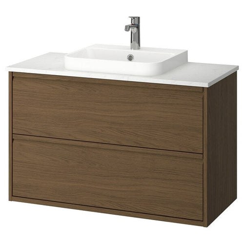 ÄNGSJÖN / BACKSJÖN - Washbasin/drawer unit/misc, oak-effect brown/marble-effect white,102x49x71 cm