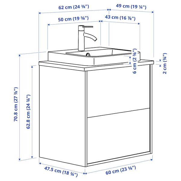 Ikea ÄNGSJÖN / BACKSJÖN - Washbasin/drawer unit/misc, oak-effect brown/marble-effect white,62x49x71 cm