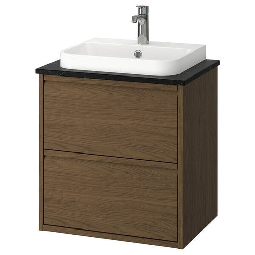 ÄNGSJÖN / BACKSJÖN - Washbasin/drawer unit/misc, oak-effect brown/marble-effect black,62x49x71 cm