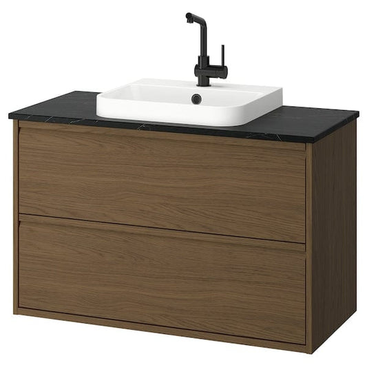 Ikea ÄNGSJÖN / BACKSJÖN - Washbasin/drawer unit/misc, oak-effect brown/marble-effect black,102x49x71 cm