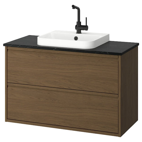ÄNGSJÖN / BACKSJÖN - Washbasin/drawer unit/misc, oak-effect brown/marble-effect black,102x49x71 cm