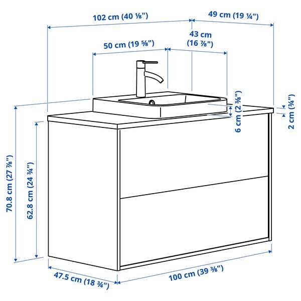 Ikea ÄNGSJÖN / BACKSJÖN - Washbasin/drawer unit/misc, oak-effect brown/marble-effect black,102x49x71 cm