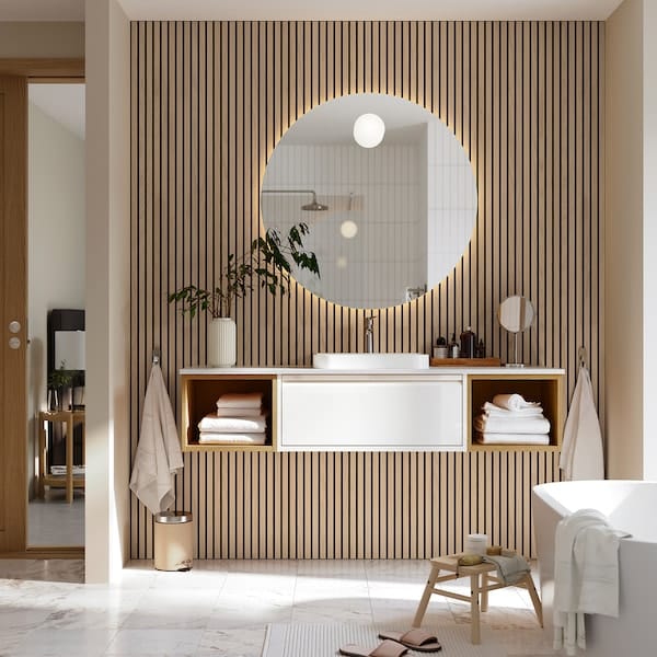 Ikea ÄNGSJÖN / BACKSJÖN - Washbasin/washbasin/mixer unit, glossy white/ oak-effect/marble-effect white,162x49x41 cm