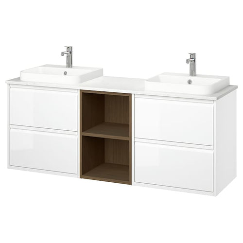 ÄNGSJÖN / BACKSJÖN - Washbasin/washbasin/mixer unit, high-gloss white/brown eff oak/white marble effect,162x49x71 cm