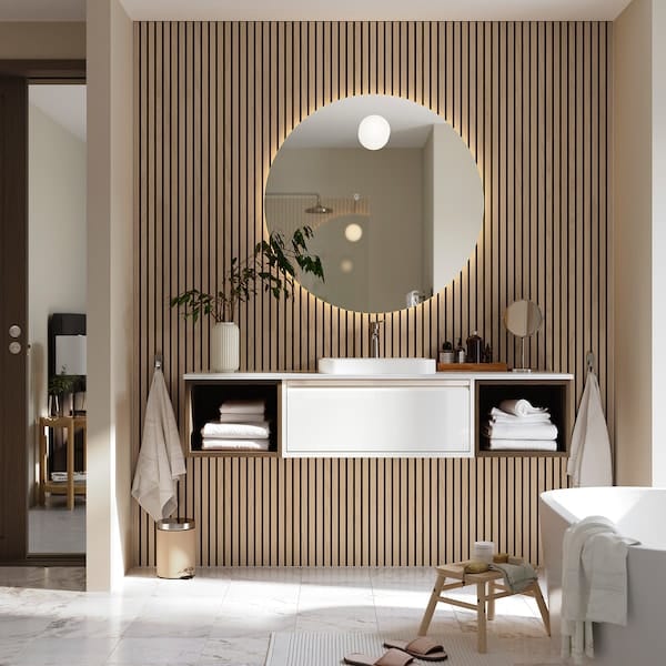 Ikea ÄNGSJÖN / BACKSJÖN - Washbasin/washbasin unit/mixer, high gloss white/brown eff oak/white marble effect,162x49x41 cm