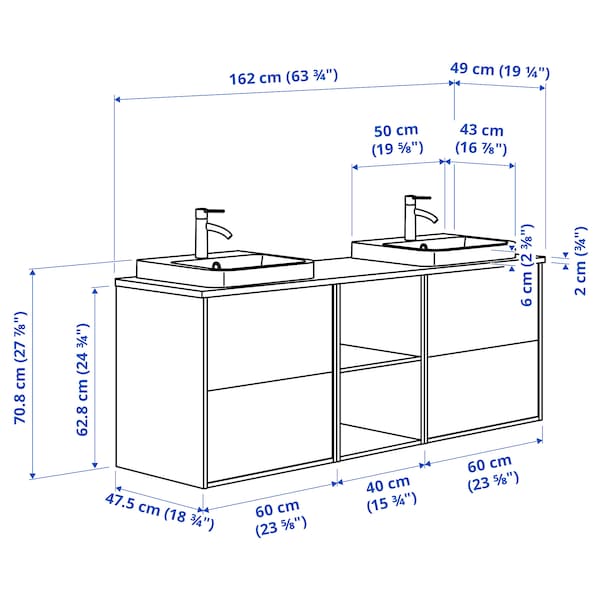 Ikea ÄNGSJÖN / BACKSJÖN - Washbasin/washbasin/mixer unit, high-gloss white/brown eff oak/white marble effect,162x49x71 cm