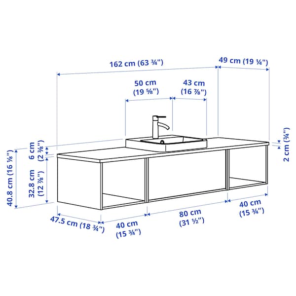 Ikea ÄNGSJÖN / BACKSJÖN - Washbasin/washbasin unit/mixer, high gloss white/brown eff oak/white marble effect,162x49x41 cm