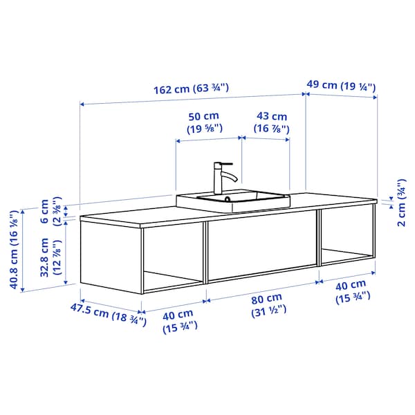 ÄNGSJÖN / BACKSJÖN - Washbasin/washbasin unit/mixer, high gloss white/brown eff oak/white marble effect,162x49x41 cm - best price from Maltashopper.com 89528475