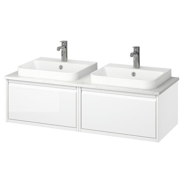 ÄNGSJÖN / BACKSJÖN - Washbasin/Washbasin/Mixer unit, glossy white/marble white effect,122x49x41 cm - best price from Maltashopper.com 99528583