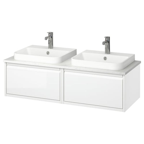 ÄNGSJÖN / BACKSJÖN - Washbasin/Washbasin/Mixer unit, glossy white/marble white effect,122x49x41 cm