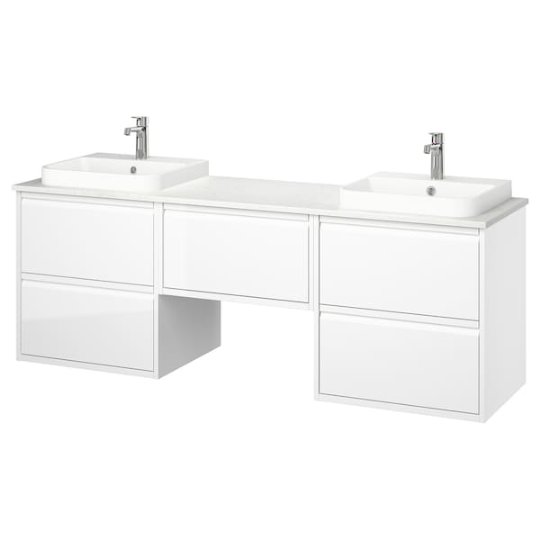 ÄNGSJÖN / BACKSJÖN - Washbasin/Washbasin/Mixer unit, glossy white/marble white effect,182x49x71 cm - best price from Maltashopper.com 89528376