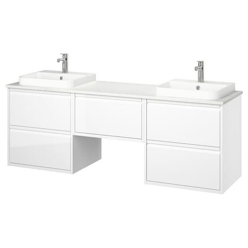 ÄNGSJÖN / BACKSJÖN - Washbasin/Washbasin/Mixer unit, glossy white/marble white effect,182x49x71 cm