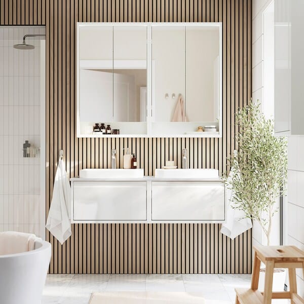 Ikea ÄNGSJÖN / BACKSJÖN - Washbasin/Washbasin/Mixer unit, glossy white/marble white effect,122x49x41 cm