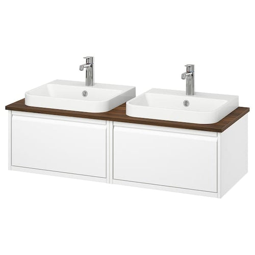 ÄNGSJÖN / BACKSJÖN wash-stand/wash-basins/taps, high-gloss white/brown walnut effect, 122x49x41 cm