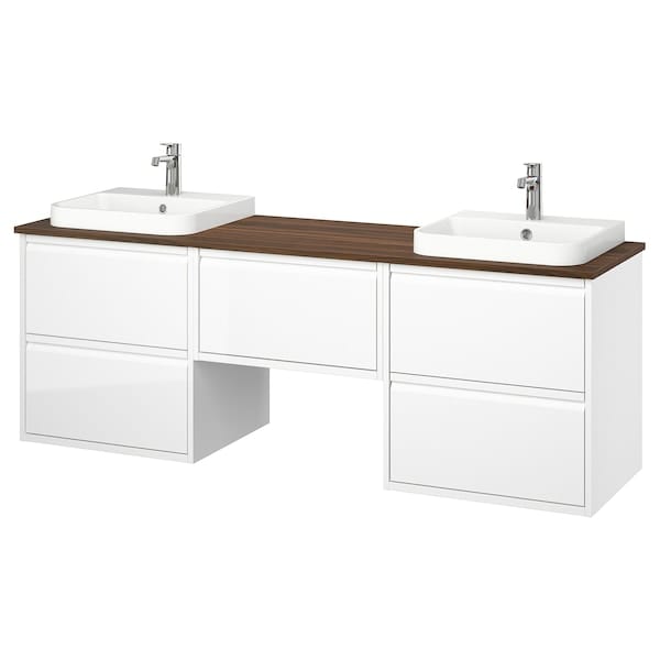 Ikea ÄNGSJÖN / BACKSJÖN - Washbasin/washbasin unit, gloss white/brown walnut effect,182x49x71 cm