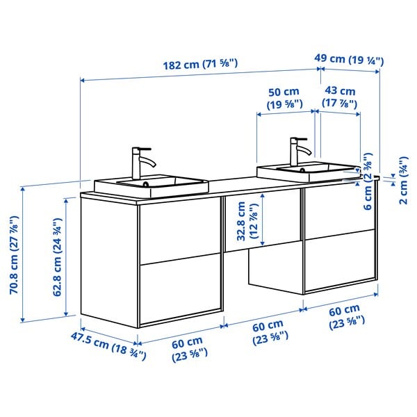 Ikea ÄNGSJÖN / BACKSJÖN - Washbasin/washbasin unit, gloss white/brown walnut effect,182x49x71 cm