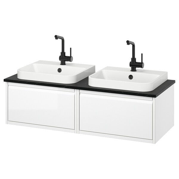 ÄNGSJÖN / BACKSJÖN - Washbasin/washbasin unit, glossy white/black marble effect,122x49x41 cm - best price from Maltashopper.com 19528596