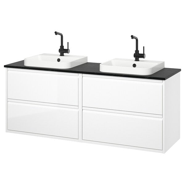 ÄNGSJÖN / BACKSJÖN - Washbasin/washbasin unit, glossy white/black marble effect,162x49x71 cm - best price from Maltashopper.com 49528482