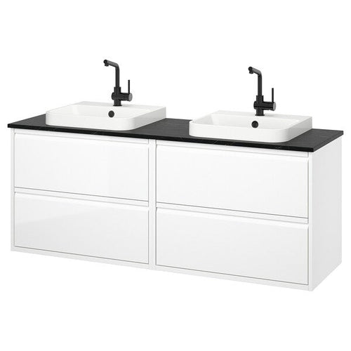 ÄNGSJÖN / BACKSJÖN - Washbasin/washbasin unit, glossy white/black marble effect,162x49x71 cm