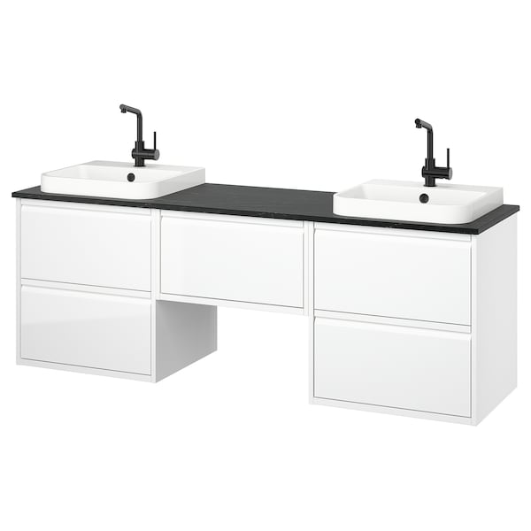 ÄNGSJÖN / BACKSJÖN - Washbasin/washbasin unit, glossy white/black marble effect,182x49x71 cm - best price from Maltashopper.com 69528377