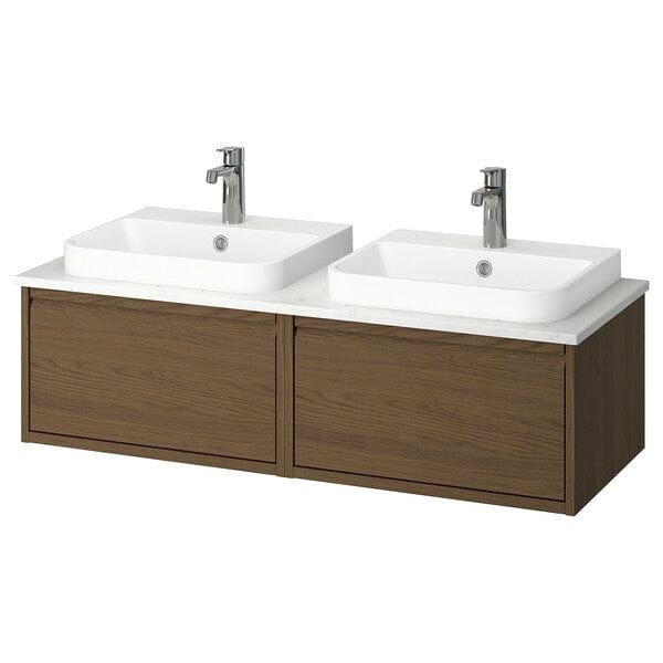 ÄNGSJÖN / BACKSJÖN - Washbasin/washbasin unit, oak-effect brown/marble-effect white,122x49x41 cm