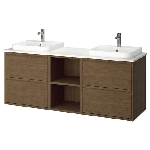 ÄNGSJÖN / BACKSJÖN - Washbasin/washbasin unit, oak-effect brown/marble-effect white,162x49x71 cm