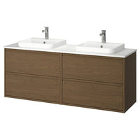 ÄNGSJÖN / BACKSJÖN wash-stand/wash-basins/taps, brown oak effect/white marble effect, 162x49x71 cm