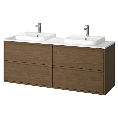 ÄNGSJÖN / BACKSJÖN - Washbasin/washbasin unit, oak-effect brown/marble-effect white,162x49x71 cm