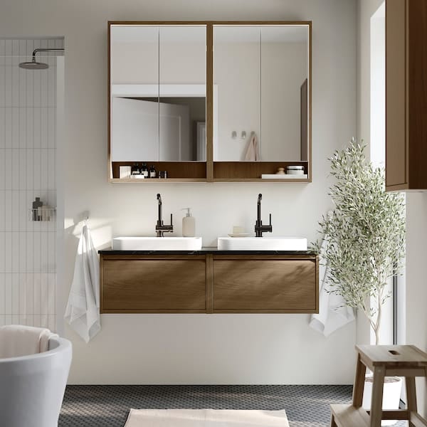 Ikea ÄNGSJÖN / BACKSJÖN - Washbasin/washbasin unit, oak-effect brown/marble-effect black,122x49x41 cm