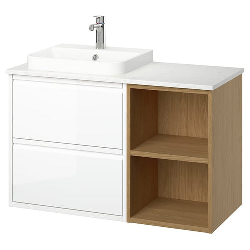 ÄNGSJÖN / BACKSJÖN - Washbasin/washbasin/mixer unit, glossy white/ oak-effect/marble-effect white,102x49x71 cm