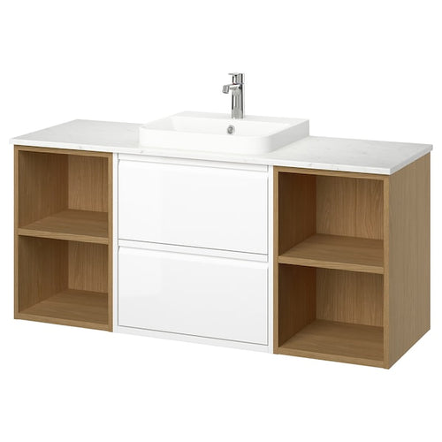 ÄNGSJÖN / BACKSJÖN - Washbasin/Washbasin/Mixer unit, glossy white/ oak-effect/marble-effect white,142x49x71 cm
