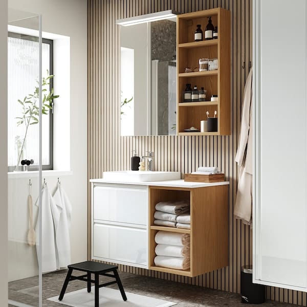 Ikea ÄNGSJÖN / BACKSJÖN - Washbasin/washbasin/mixer unit, glossy white/ oak-effect/marble-effect white,102x49x71 cm