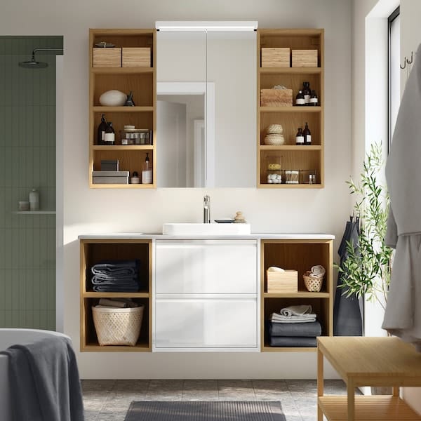 Ikea ÄNGSJÖN / BACKSJÖN - Washbasin/Washbasin/Mixer unit, glossy white/ oak-effect/marble-effect white,142x49x71 cm
