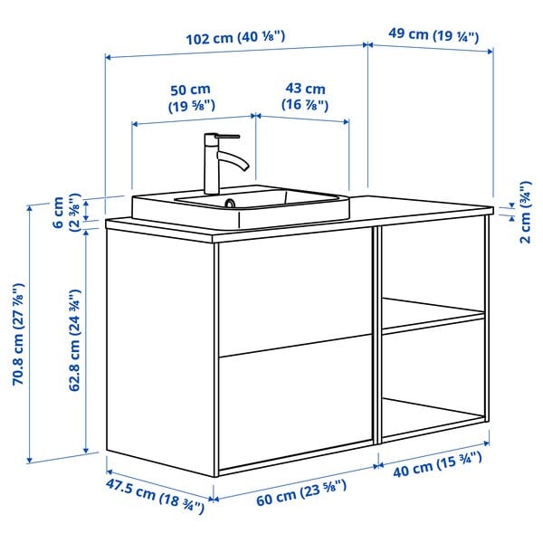 Ikea ÄNGSJÖN / BACKSJÖN - Washbasin/washbasin/mixer unit, glossy white/ oak-effect/marble-effect white,102x49x71 cm