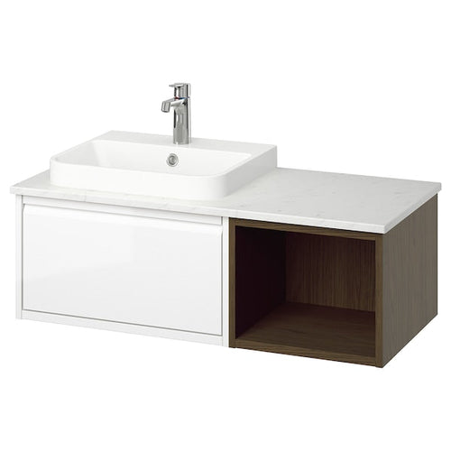 ÄNGSJÖN / BACKSJÖN - Washbasin/washbasin/mixer unit, high gloss white/black eff oak/white marble effect,102x49x41 cm
