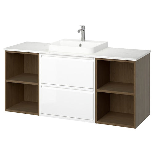 ÄNGSJÖN / BACKSJÖN - Washbasin/washbasin unit/mixer, high gloss white/brown eff oak/white marble effect,142x49x71 cm