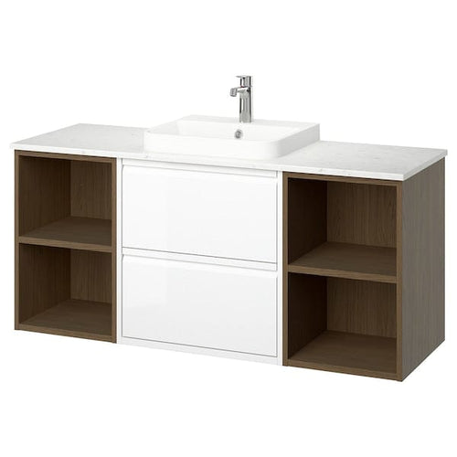 ÄNGSJÖN / BACKSJÖN wash-stand/wash-basin/tap, high-gloss white/brown oak effect/white marble effect, 142x49x71 cm