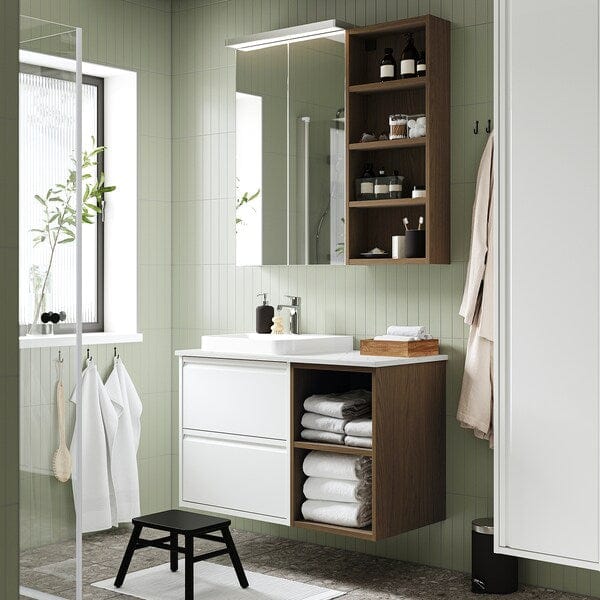 Ikea ÄNGSJÖN / BACKSJÖN - Washbasin/washbasin/mixer unit, high gloss white/black eff oak/white marble effect,102x49x71 cm