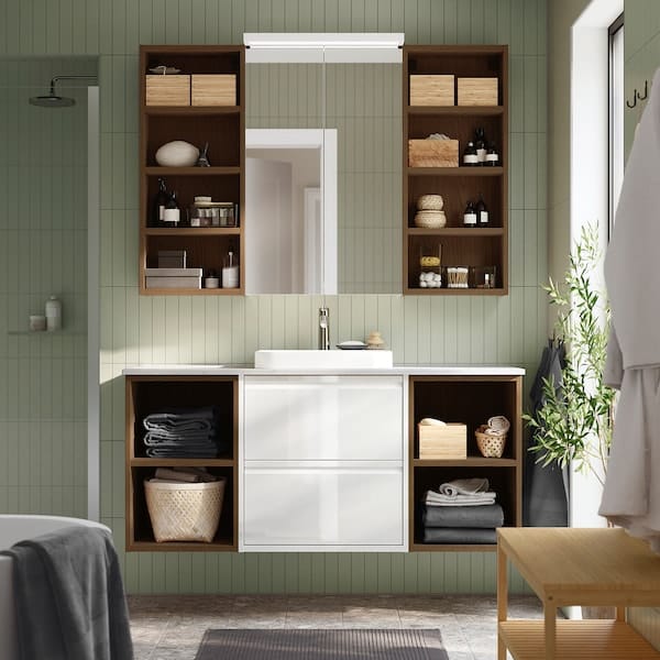 Ikea ÄNGSJÖN / BACKSJÖN - Washbasin/washbasin unit/mixer, high gloss white/brown eff oak/white marble effect,142x49x71 cm