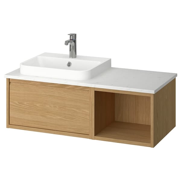 ÄNGSJÖN / BACKSJÖN - Washbasin/Washbasin/Mixer unit, oak/white marble effect,102x49x41 cm - best price from Maltashopper.com 09528455