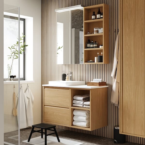 Ikea ÄNGSJÖN / BACKSJÖN - Washbasin/washbasin/mixer unit, oak/white marble effect,102x49x71 cm