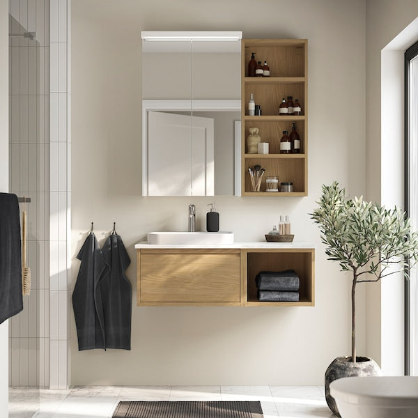 ÄNGSJÖN / BACKSJÖN - Washbasin/Washbasin/Mixer unit, oak/white marble effect,102x49x41 cm - best price from Maltashopper.com 09528455