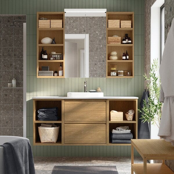 Ikea ÄNGSJÖN / BACKSJÖN - Washbasin/Washbasin/Mixer unit, oak/white marble effect,142x49x71 cm