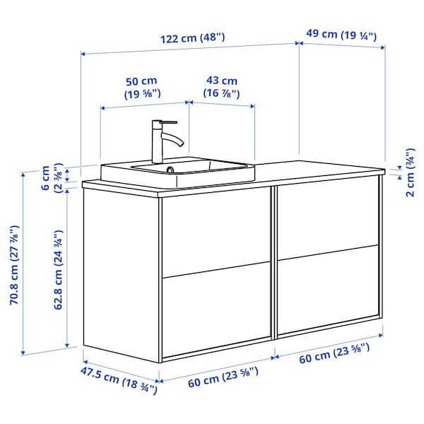 Ikea ÄNGSJÖN / BACKSJÖN - Washbasin/Washbasin/Mixer unit, oak/white marble effect,122x49x71 cm