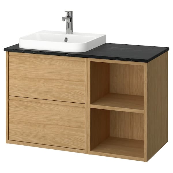 ÄNGSJÖN / BACKSJÖN - Washbasin/washbasin/mixer unit, oak/black marble effect,102x49x71 cm