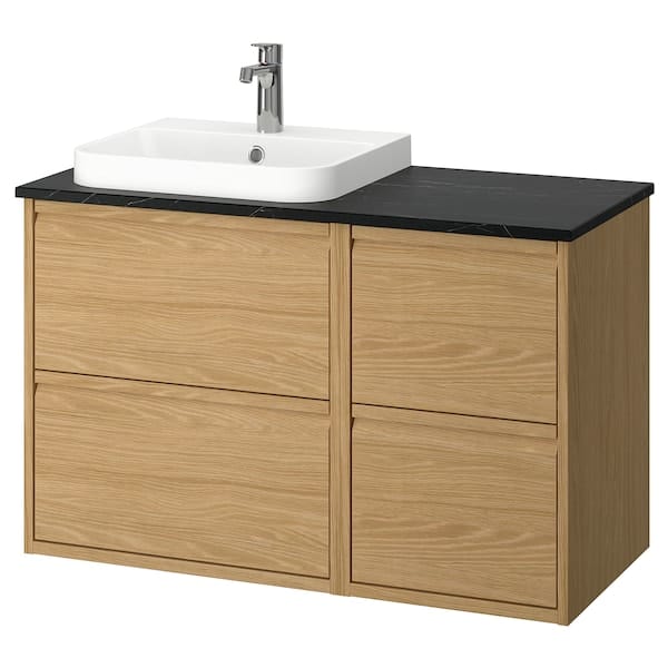 ÄNGSJÖN / BACKSJÖN - Washbasin/washbasin/mixer unit, oak/black marble effect,102x49x71 cm